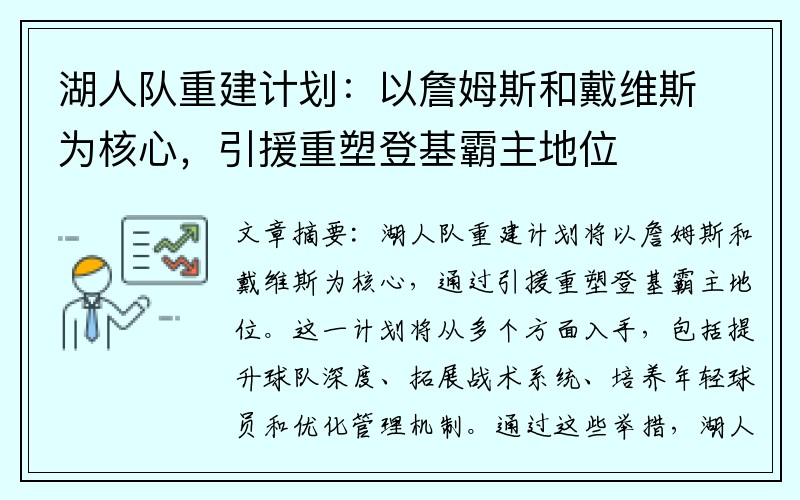 湖人队重建计划：以詹姆斯和戴维斯为核心，引援重塑登基霸主地位